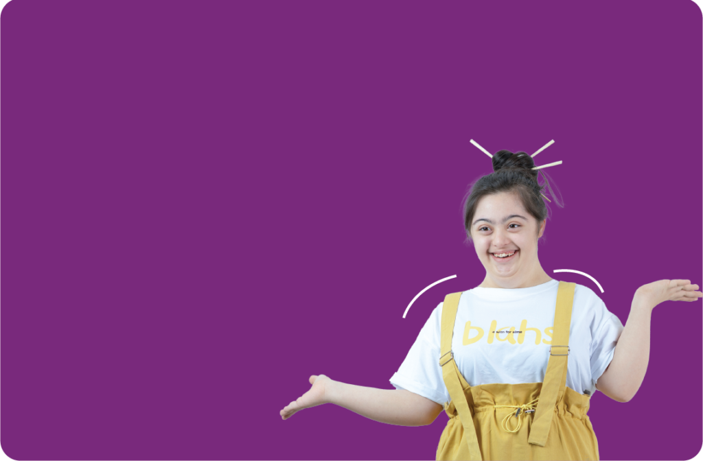 Smiling Girl with Down syndrome on purple background